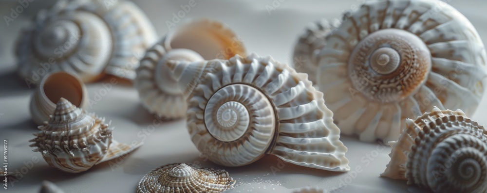Textured seashells with intricate patterns, 4K hyperrealistic photo
