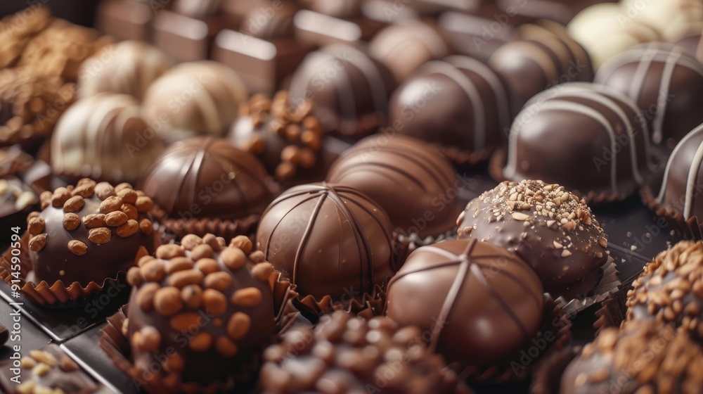 A close-up shot of an assortment of gourmet chocolate truffles. A close-up shot of an assortment of gourmet chocolate truffles.