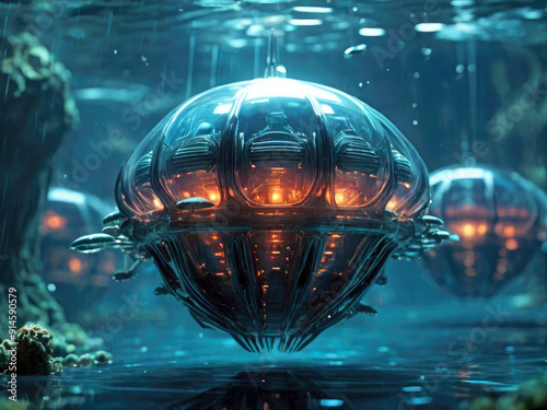 Fantasy sci-fi illustration of an underwater aquatic spaceship resembling the shape of a jellyfish floating through the ocean with an orange glow coming from inside it