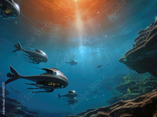 Sci-fi illustration of a fleet of underwater aquatic spaceships moving through the ocean with an orange glow coming from sunlight on the water's surface