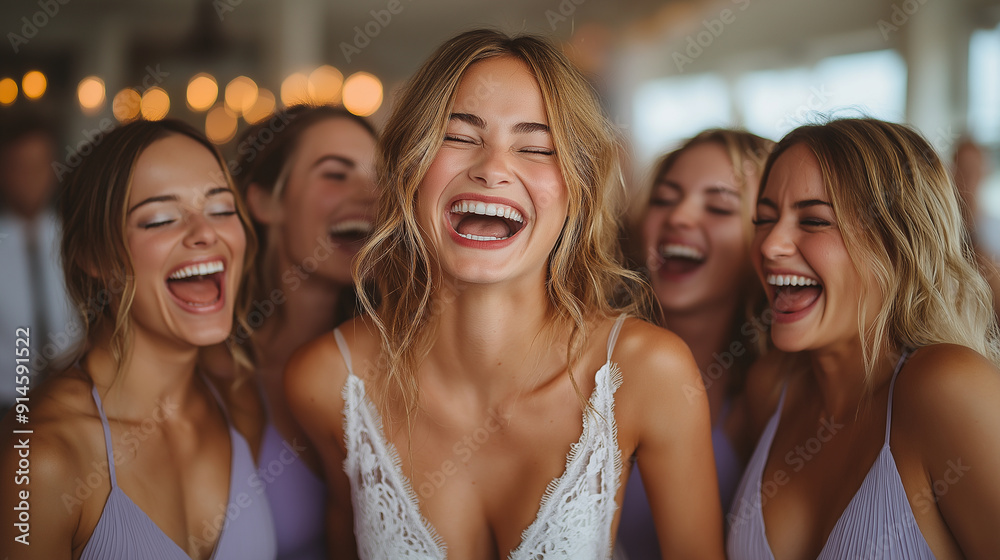 A telephoto angle photo of the bride sharing a fun moment with her bridesmaids, such as dancing or laughing together, with copy space