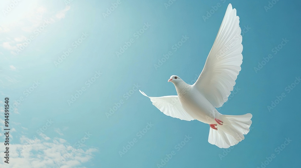 Fototapeta premium White dove soaring in serene blue skies background with empty space for text