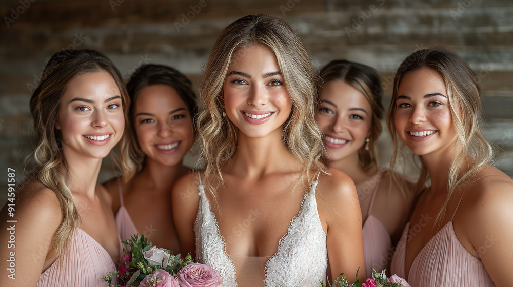 A telephoto angle photo of the bride posing for a final photo with her bridesmaids before heading to the ceremony, with copy space