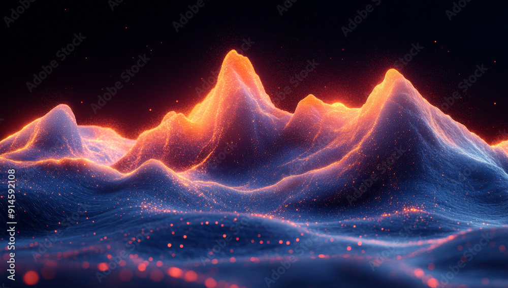 Digital sound waves and data visualizations forming an abstract mountain range, symbolizing the power of AI to create new landscape in big editorial photography Digital sound waves and data visualizations forming an abstract mountain range, symbolizing the power of AI to create new landscape in big editorial photography