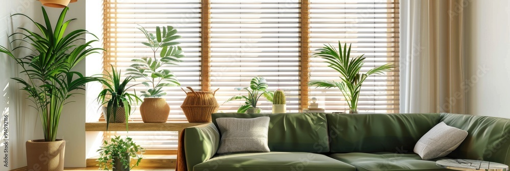 Cozy and chic living room featuring a large window adorned with wooden blinds a green sofa and potted plants Cozy and chic living room featuring a large window adorned with wooden blinds a green sofa and potted plants