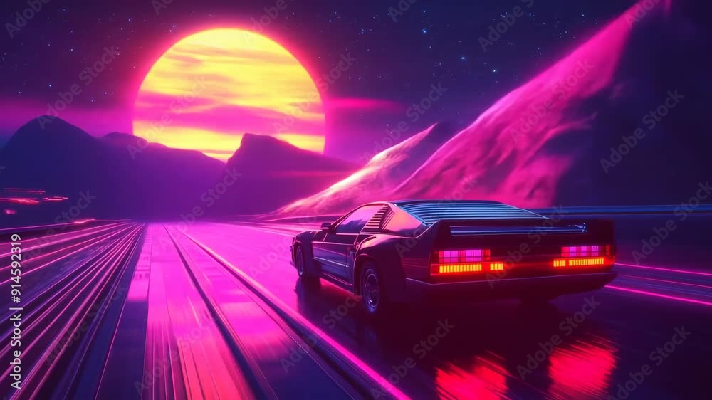 A 3D animation of a retro-futuristic car driving towards a vibrant sunset