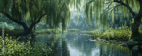 Graceful weeping willow draping over a tranquil pond, 4K hyperrealistic photo photo