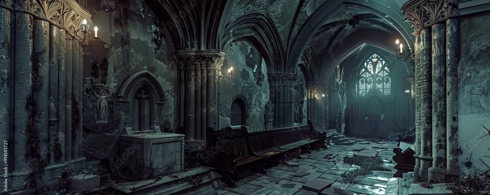 Cathedral Crypt: Gothic Cemetery Stroll, 4K hyperrealistic photo Cathedral Crypt: Gothic Cemetery Stroll, 4K hyperrealistic photo