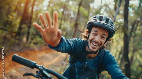 Cycling dude, forest selfie and smile, wellness pointing and portrait, training and adventure blog. Influencer man, helmet, and joyful in social media profile, recollection, or live broadcast.