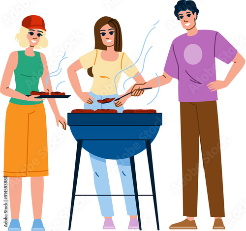grill barbecue with friends vector. party fun, happy young, garden nature grill barbecue with friends character. people flat cartoon illustration