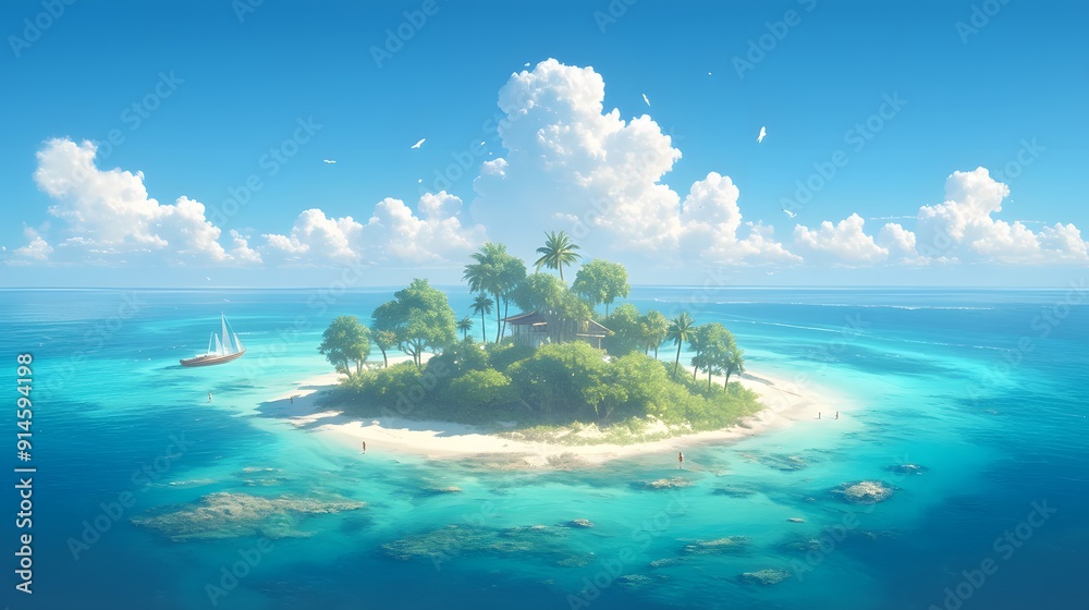 Fototapeta premium Tropical island paradise with turquoise water, sandy beach, palm trees, and a sunny sky