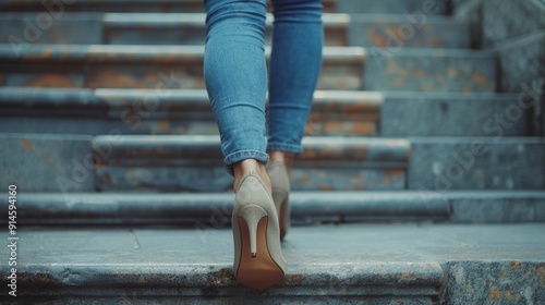 Staircase steps, legs, and morning stroll to law firm, company, or workplace. Lawyer climbing stairs, concrete ground, or closeup shoes