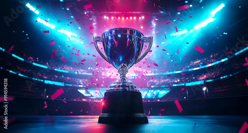 World championship winner cup trophy at sports stadium with red and blue neon lights on background. Shiny award in the spotlight with falling colorful confetti.