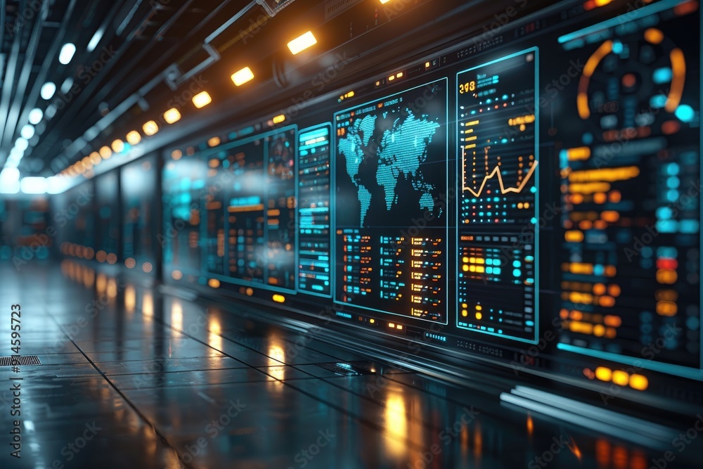 Futuristic Server Room with World Map and Data Displays Futuristic Server Room with World Map and Data Displays