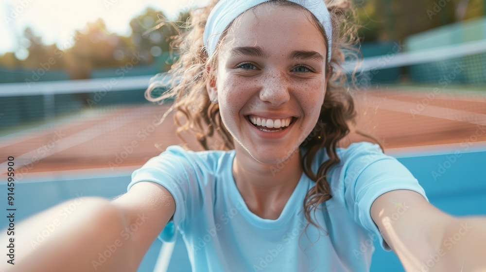 Tennis, woman, and selfie on court during workouts and morning routine. Sports, female, smartphone snapshot before sport, performance, workout, and profile photo smile Tennis, woman, and selfie on court during workouts and morning routine. Sports, female, smartphone snapshot before sport, performance, workout, and profile photo smile