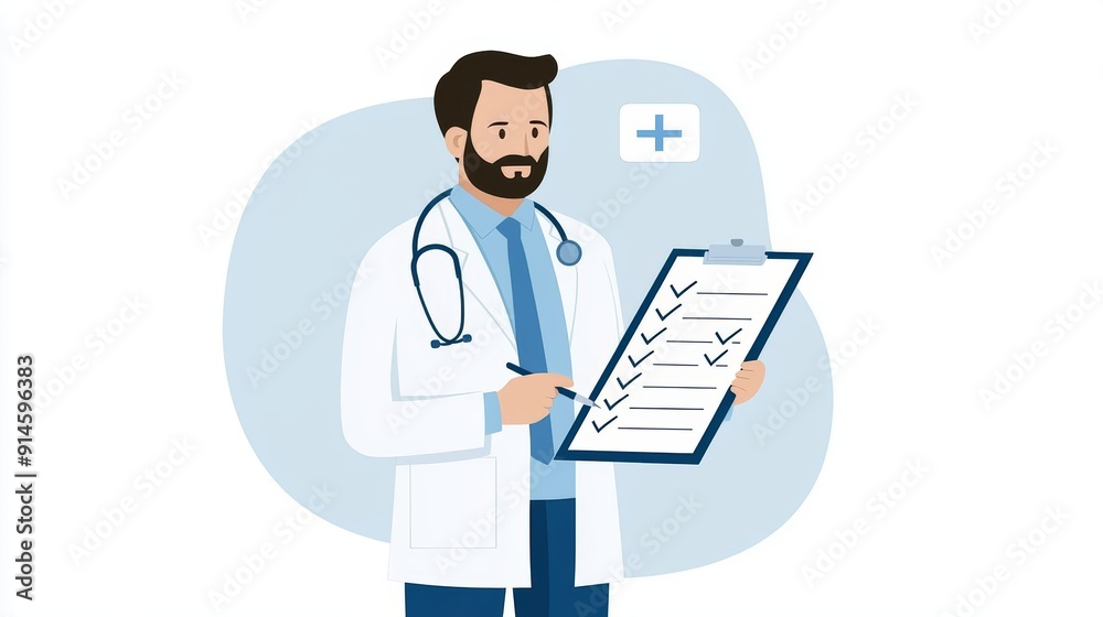 Doctor with a clipboard, making check marks on a patient health survey Doctor with a clipboard, making check marks on a patient health survey