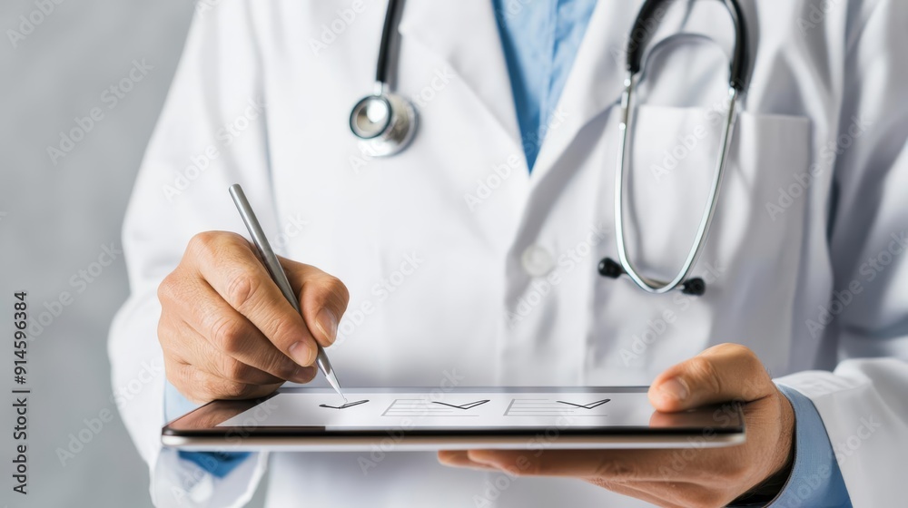 Doctor marking survey results with a check mark on a digital tablet Doctor marking survey results with a check mark on a digital tablet