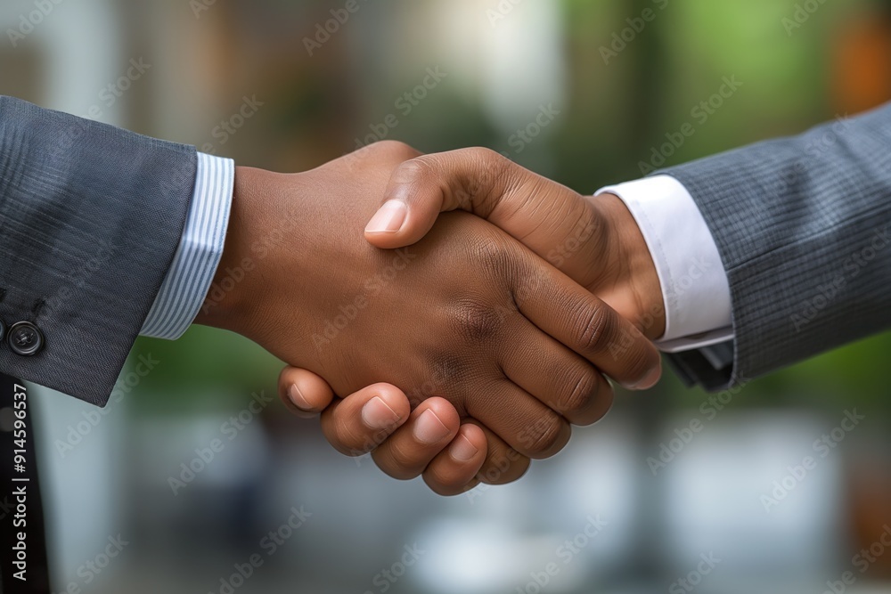 A welldressed man in a suit shakes hands with another man nearby A welldressed man in a suit shakes hands with another man nearby