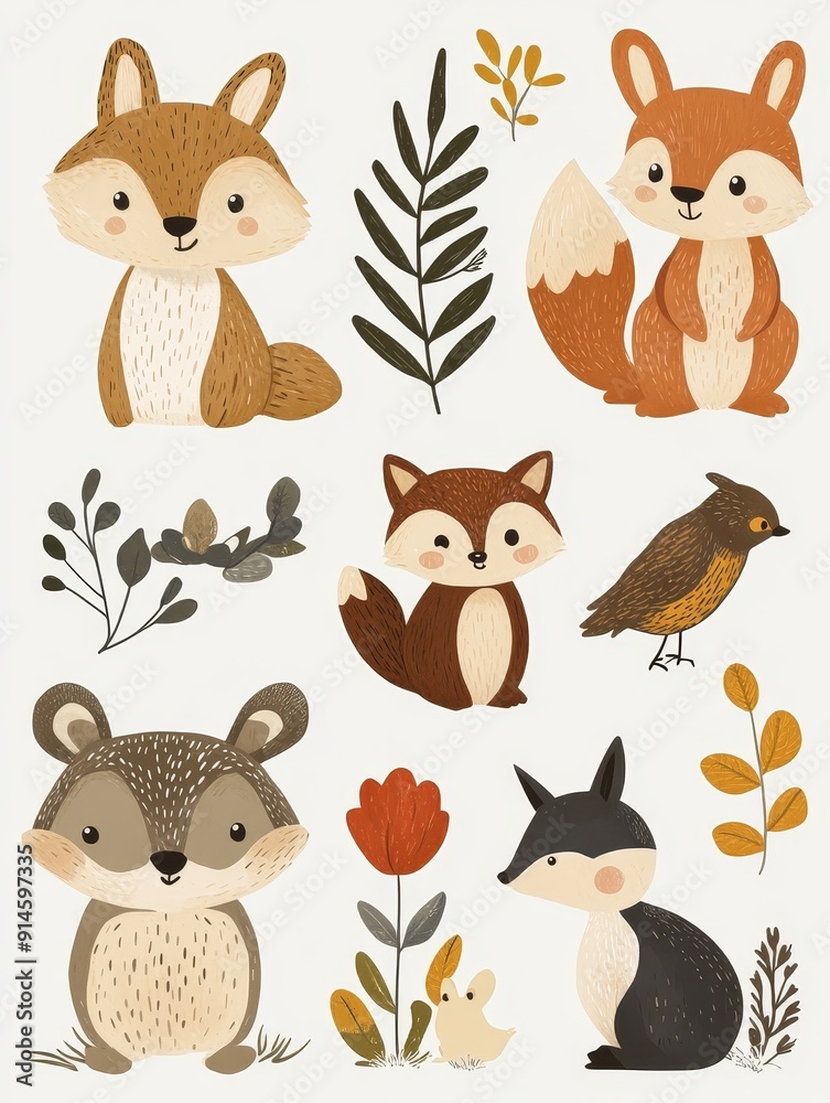 Cute Woodland Animals and Plants Illustration Cute Woodland Animals and Plants Illustration