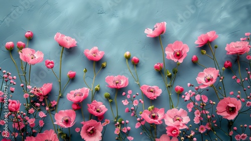 Arrangement of Flowers on Blue Surface