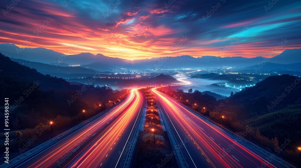 Highway lights at dusk - generative ai Highway lights at dusk - generative ai