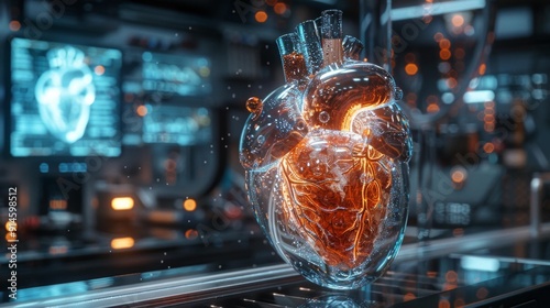 Futuristic transparent heart in laboratory - generative ai photo