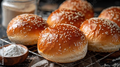  A cluster of buns resting atop a cooling tray near a tiny container of powdered sugar