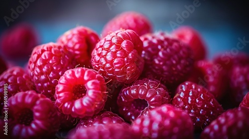  A group of raspberries arranged on a blue background with a hazy backdrop