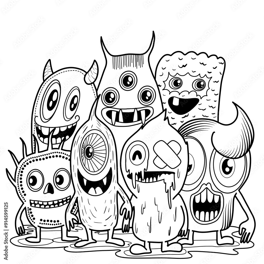 Fototapeta premium Hand-drawn illustrations, monsters doodle, Hand Drawn cartoon monster illustration,Cartoon crowd doodle hand-drawn Doodle style.black and white stripes coloring book.