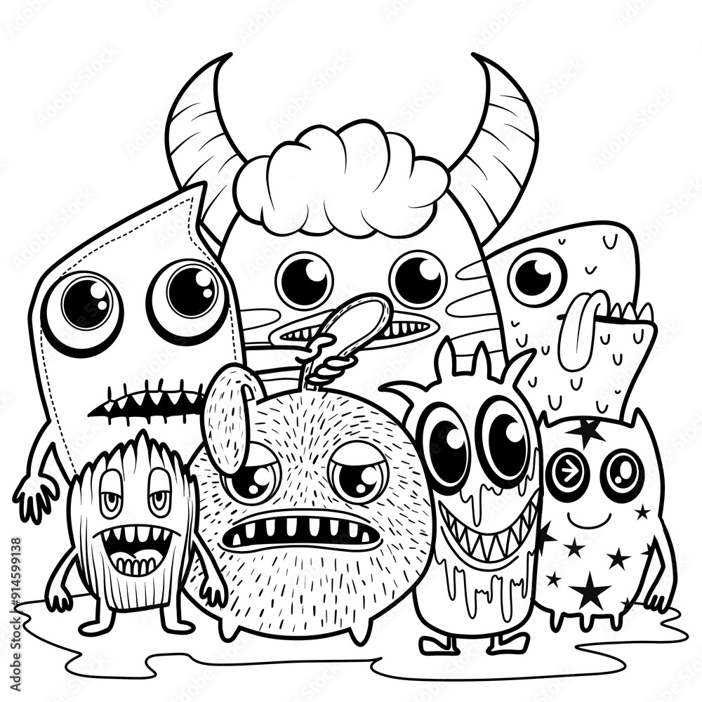 Fototapeta premium Hand-drawn illustrations, monsters doodle, Hand Drawn cartoon monster illustration,Cartoon crowd doodle hand-drawn Doodle style.black and white stripes coloring book.