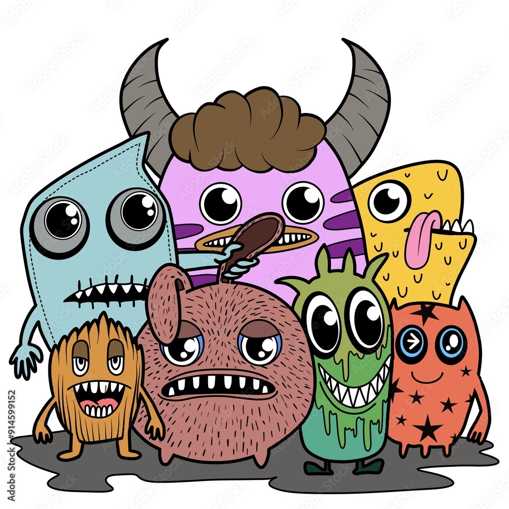 Fototapeta premium Hand-drawn illustrations, monsters doodle, Hand Drawn cartoon monster illustration,Cartoon crowd doodle hand-drawn Doodle style.