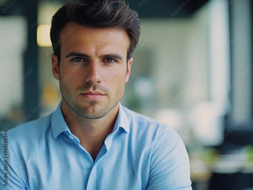 A person posing for a photo in a blue shirt A person posing for a photo in a blue shirt