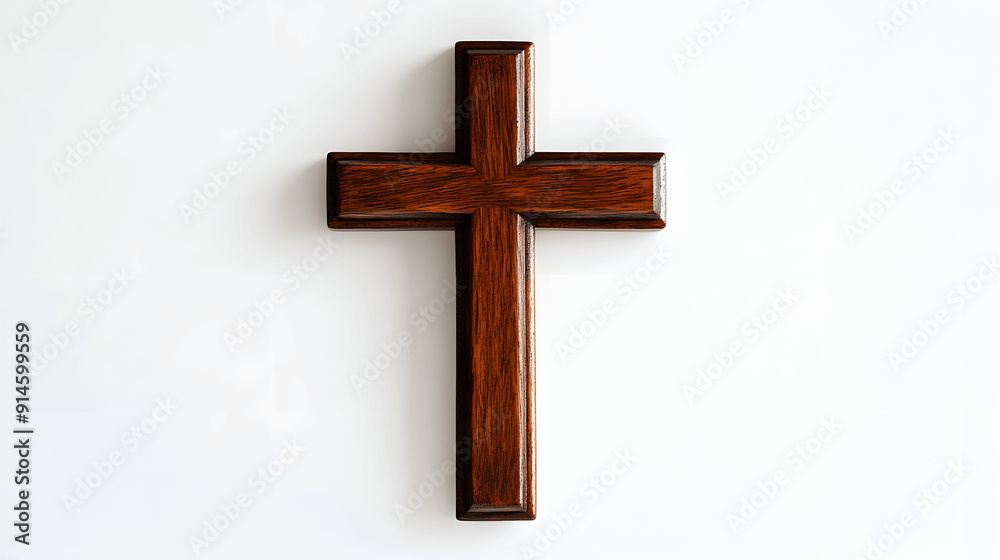 Christian cross of polished wood with soft glow on white background Christian cross of polished wood with soft glow on white background