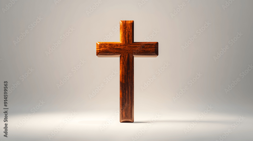 Christian cross of polished wood with soft glow on white background