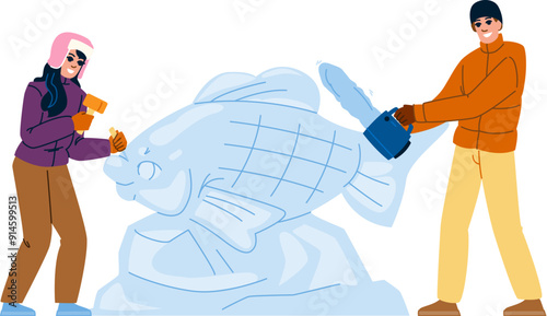 castle ice sculpture vector. snow statue, blue building, medieval tower castle ice sculpture character. people flat cartoon illustration