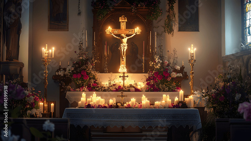 Christian altar with candles, flowers, and carved crucifix in softly lit church