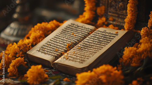 Bhagavad Gita with Sanskrit text on decorated altar with marigold flowers photo