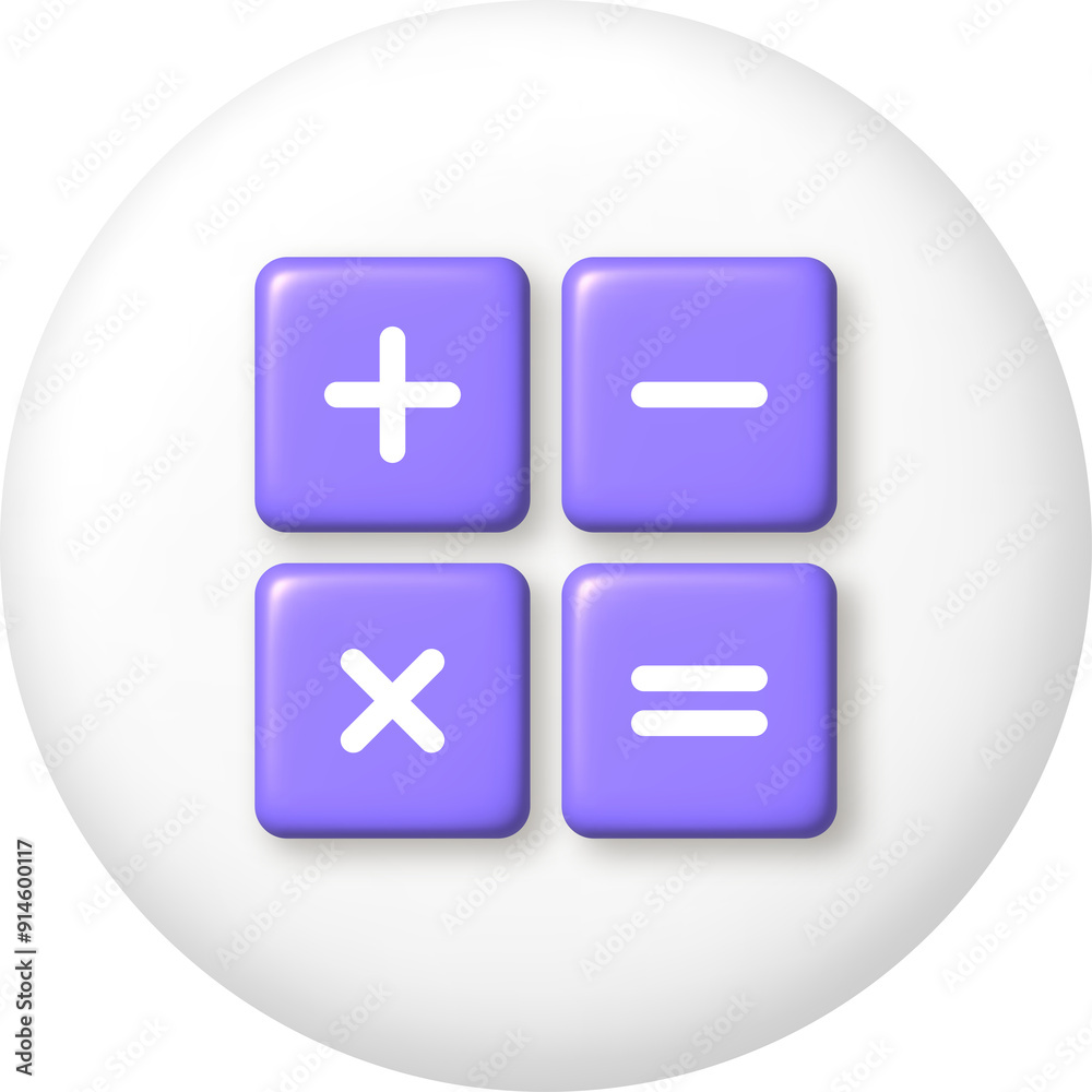 3d icon. Purple arithmetic icons on white button. PNG illustration. 3d icon. Purple arithmetic icons on white button. PNG illustration.