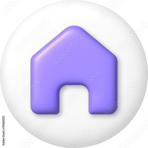 3d icon. Purple house on white button. PNG illustration.