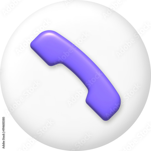 3d icon. Purple telephone handset on white button. PNG illustration.