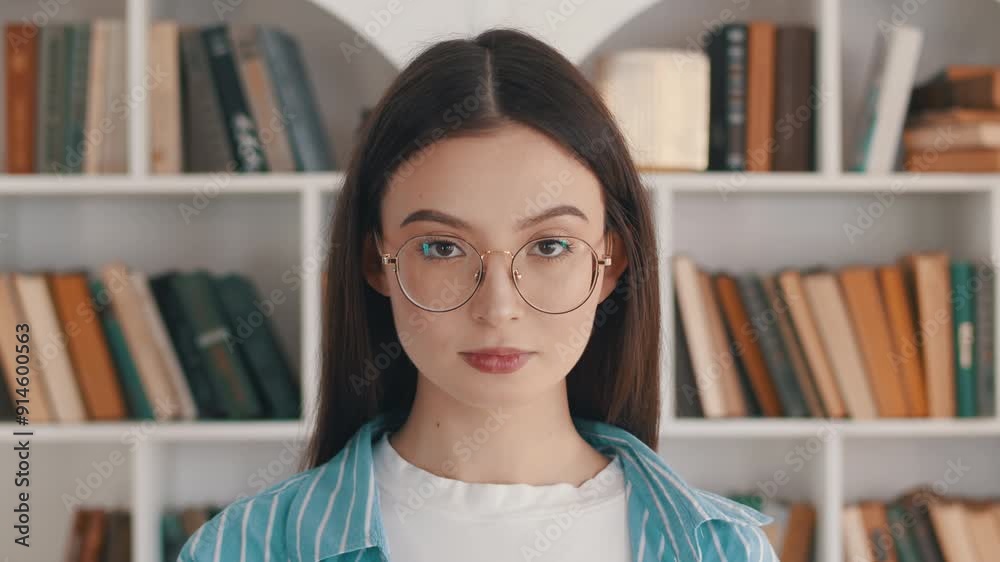 Portrait of a young caucasian woman in glasses raising her head, looking at the camera, and smiling showing her braces with the background of white bookcases with many books on the bookshelves Portrait of a young caucasian woman in glasses raising her head, looking at the camera, and smiling showing her braces with the background of white bookcases with many books on the bookshelves