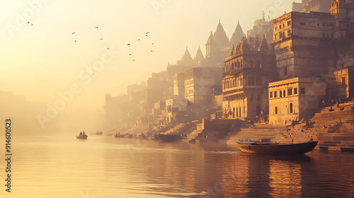 Peaceful scene of Varanasi ghats leading to Ganges River at dawn photo