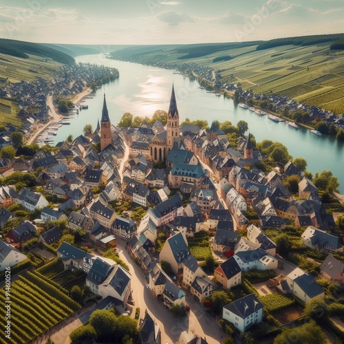  Aerial panoramic view of wine village Nierstein on the Rhine on a sunny day photo