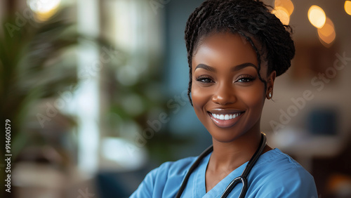 African Black Woman Nurse - nurse, healthcare, medical professional, scrub suit, medical setting, stethoscope, smiling, portrait, African American, female, confident