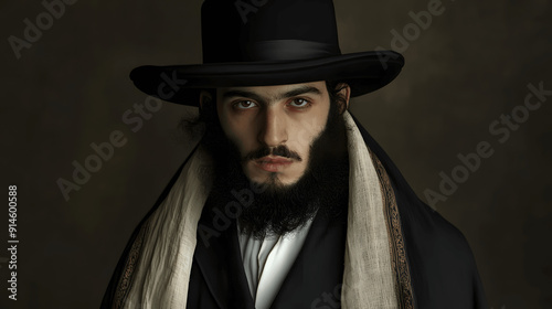 Portrait of Jewish man in traditional Hasidic attire with payot and prayer shawl photo