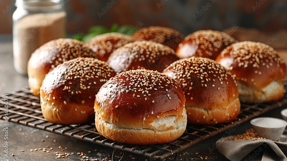 A plateful of toasted buns adorned with sesame seeds rests on a cooling rack, accompanied by a jar of flavorful seasoning A plateful of toasted buns adorned with sesame seeds rests on a cooling rack, accompanied by a jar of flavorful seasoning