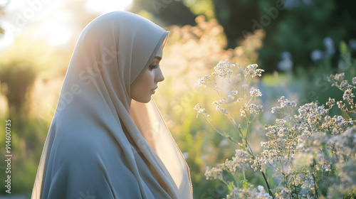 Serene image of Muslim woman in hijab standing in peaceful garden