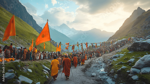 Vibrant scene of Hindu pilgrims trekking to Amarnath Cave with colorful flags and offerings photo