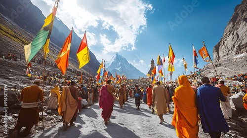 Vibrant scene of Hindu pilgrims trekking to Amarnath Cave with colorful flags and offerings photo