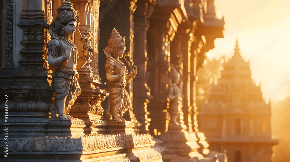 Fototapeta premium Ornate Hindu temple with carvings and deities in golden twilight